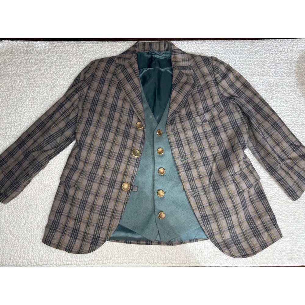 VTG 1970s Penneys Young Sport Styling Boys Plaid Blazer and Vest Set Brown Teal